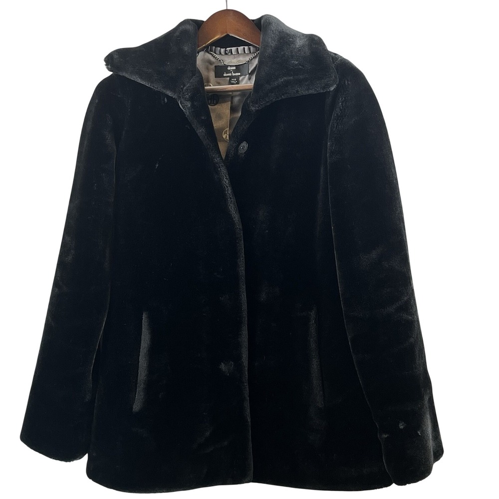 Dennis Basso Womens XXS Black Faux Fur Coat Plush Winter Jacket Lined FLAW